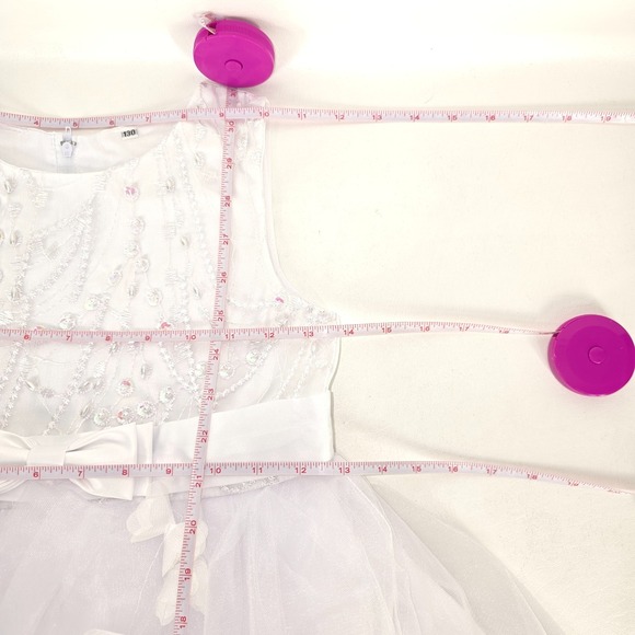 White Tulle Formal Christening Gown 7/8 Floral 3D Applique Satin Bow Flower Girl - Picture 5 of 16